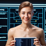 A developer celebrating a career level-up with the Information Processing Engineer certification, surrounded by glowing code and achievements.