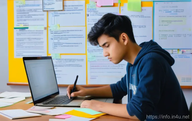 정보처리 실기 과목 학습에서 유의할 점 - **Prompt:** A young university student, looking to be in their early twenties, is seated at a modern...