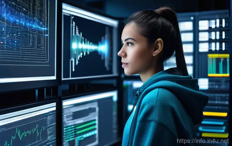 정보처리기사 실무에서 경험한 업무 사례 - A man in his 30s, wearing a sleek tech-company shirt, is seated at a futuristic workstation. In fron...