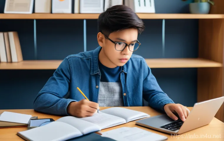 정보처리 실기 시험 대비 단기 집중 학습법 - A determined young student, wearing casual yet neat clothes, sitting at a modern study desk. Initial...