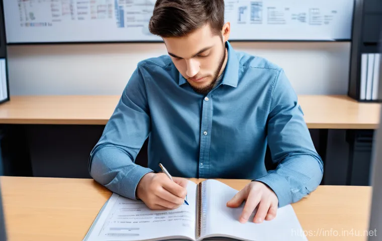 정보처리 실기 시험 대비 단기 집중 학습법 - A determined young student, wearing casual yet neat clothes, sitting at a modern study desk. Initial...