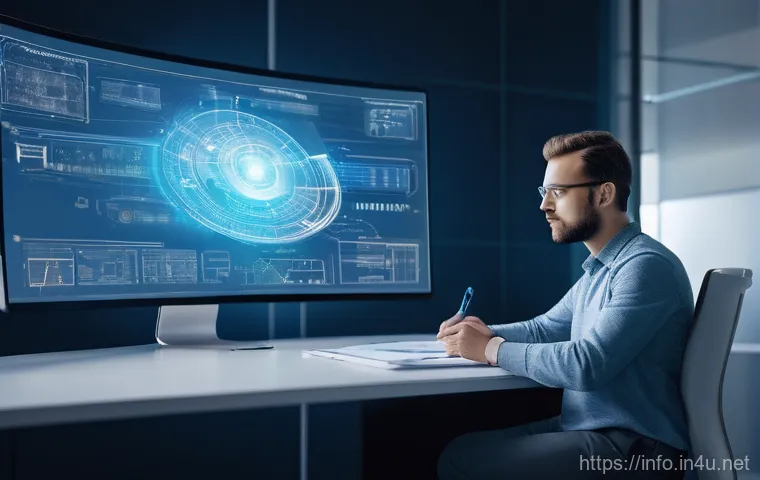 정보처리기사 필기 과목 핵심 요약 정리 - A focused female software architect, wearing glasses and a neat blazer over a blouse, is seated at a...