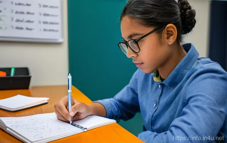 정보처리기사 필기 시험에서 자주 실수하는 사례 - A young adult student, gender-neutral, is intensely focused at a well-lit desk, actively clarifying ...