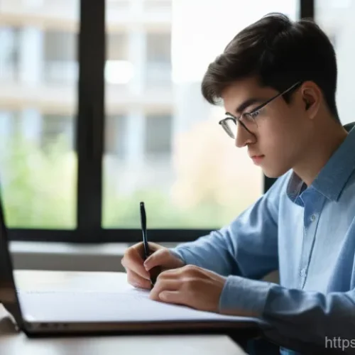 Home 20 정보처리 실기 시험에서 요구되는 코딩 스킬 - A focused male student, in his early twenties, with short, neatly styled dark hair, is intently writ...