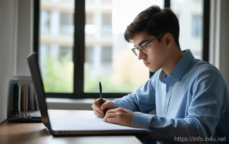 정보처리 실기 시험에서 요구되는 코딩 스킬 - A focused male student, in his early twenties, with short, neatly styled dark hair, is intently writ...