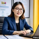 Home 20 정보처리 자격증으로 경력 전환에 성공한 사례 - A professional woman in her late 30s, sitting confidently at a modern office desk with a laptop and ...
