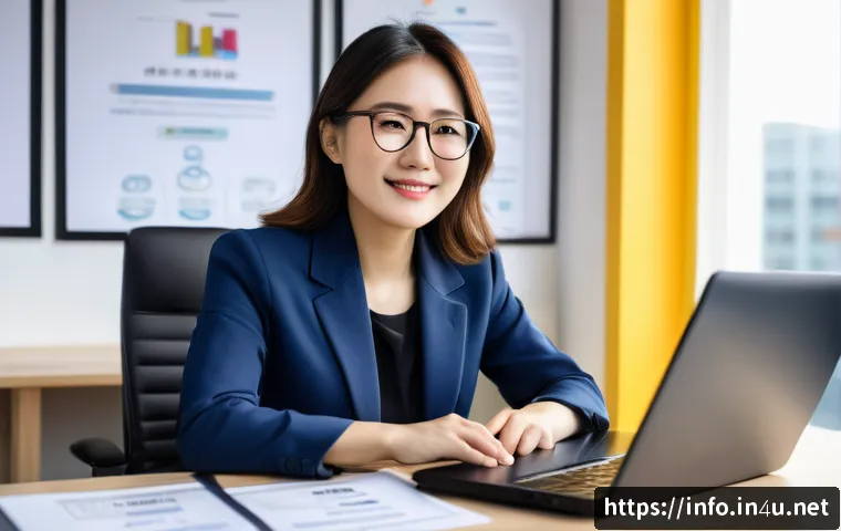 정보처리 자격증으로 경력 전환에 성공한 사례 - A professional woman in her late 30s, sitting confidently at a modern office desk with a laptop and ...