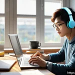 Home 18 정보처리 자격증 취득 후 대기업 진출 경험담 - A focused young professional studying early in the morning at a cozy home office desk, surrounded by...