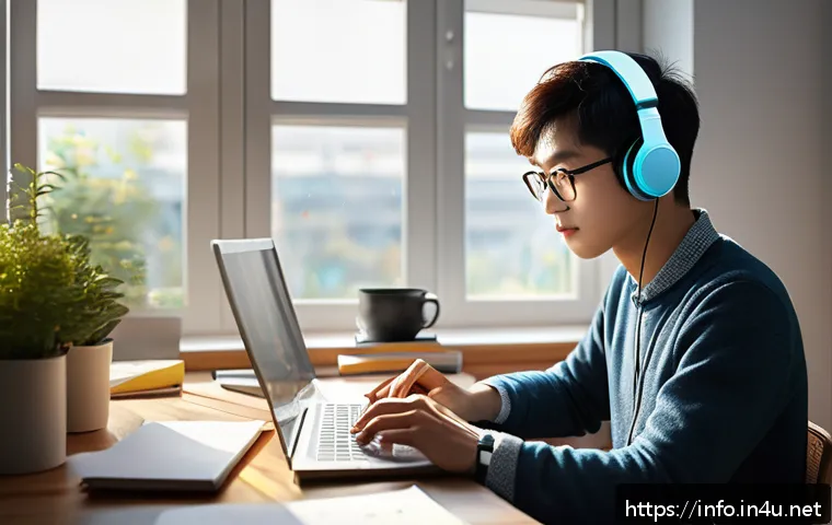 정보처리 자격증 취득 후 대기업 진출 경험담 - A focused young professional studying early in the morning at a cozy home office desk, surrounded by...