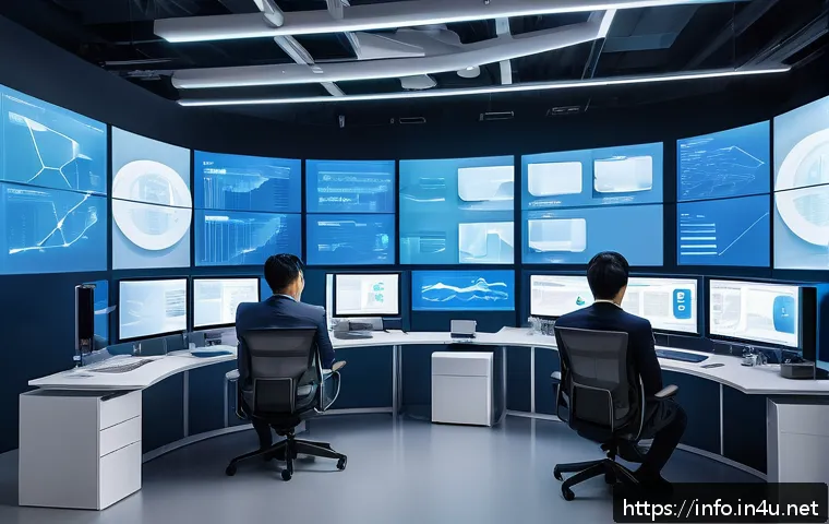 정보처리 자격증과 클라우드 기술 트렌드 - A futuristic office scene depicting a diverse team of IT professionals collaborating around holograp...