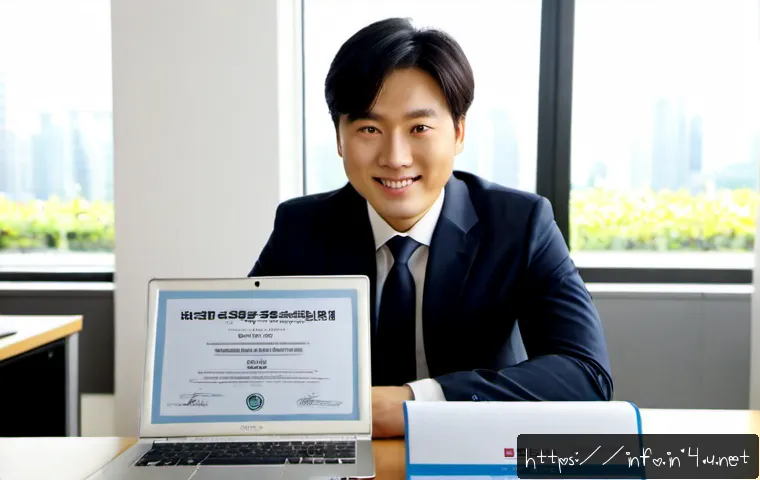 정보처리기사로 이직에 성공한 후기 - Photorealistic career-success scene, a confident young Korean software professional in smart busines...