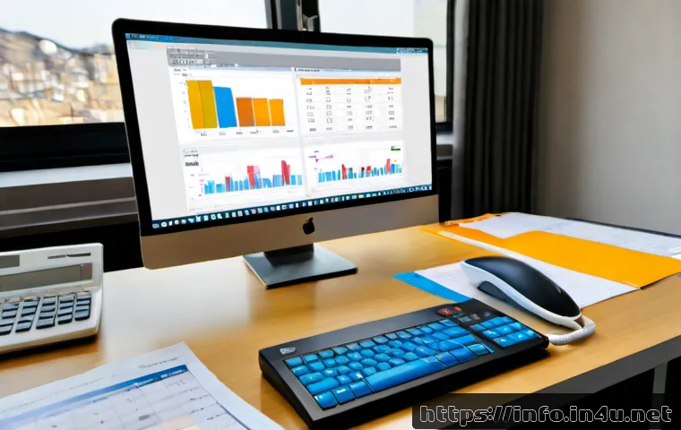 정보처리 실무와 연관된 업무 도구 추천 - Photorealistic modern information-processing workspace, a clean desk with a desktop monitor showing ...